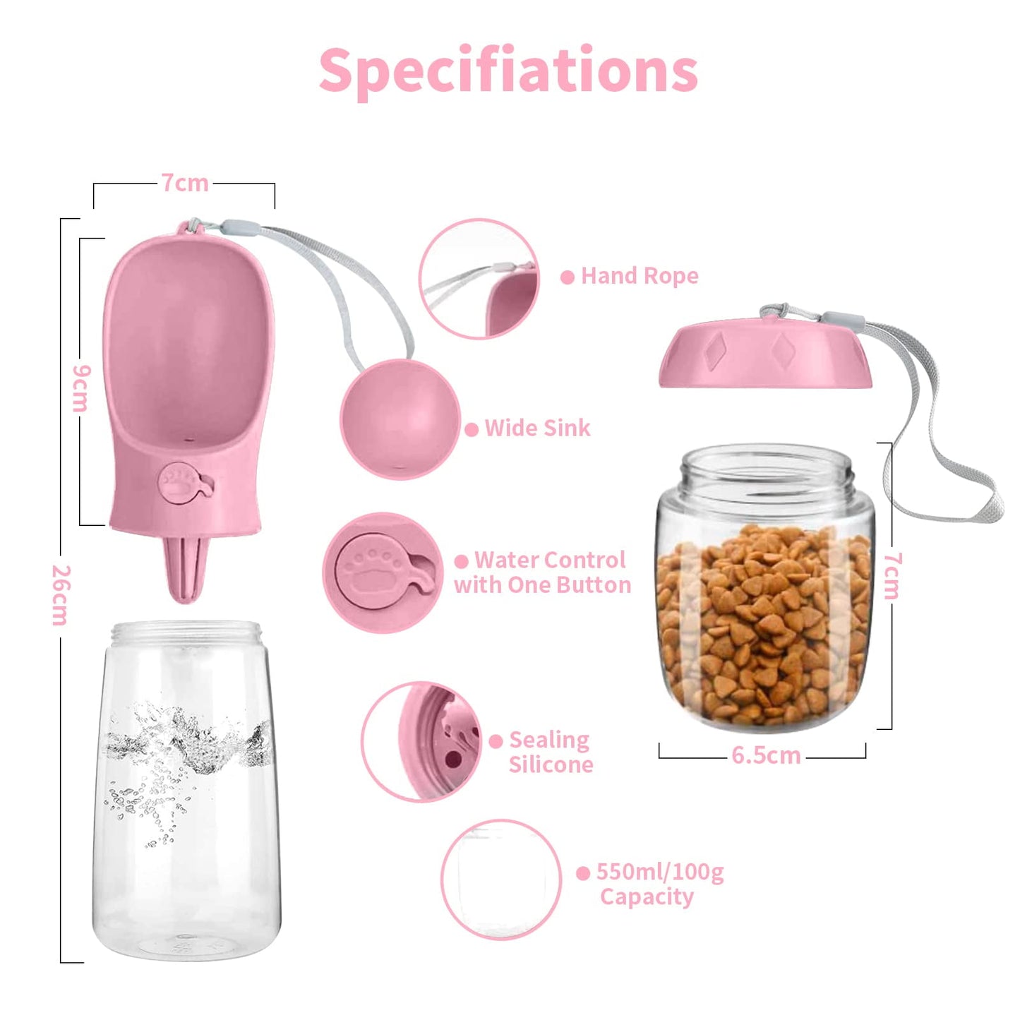 TETOU Dog Water Bottle with Food Container, 19oz Portable Pet Dispenser, Travel Puppy Water Bowl for Dog Cat Pet - Pink