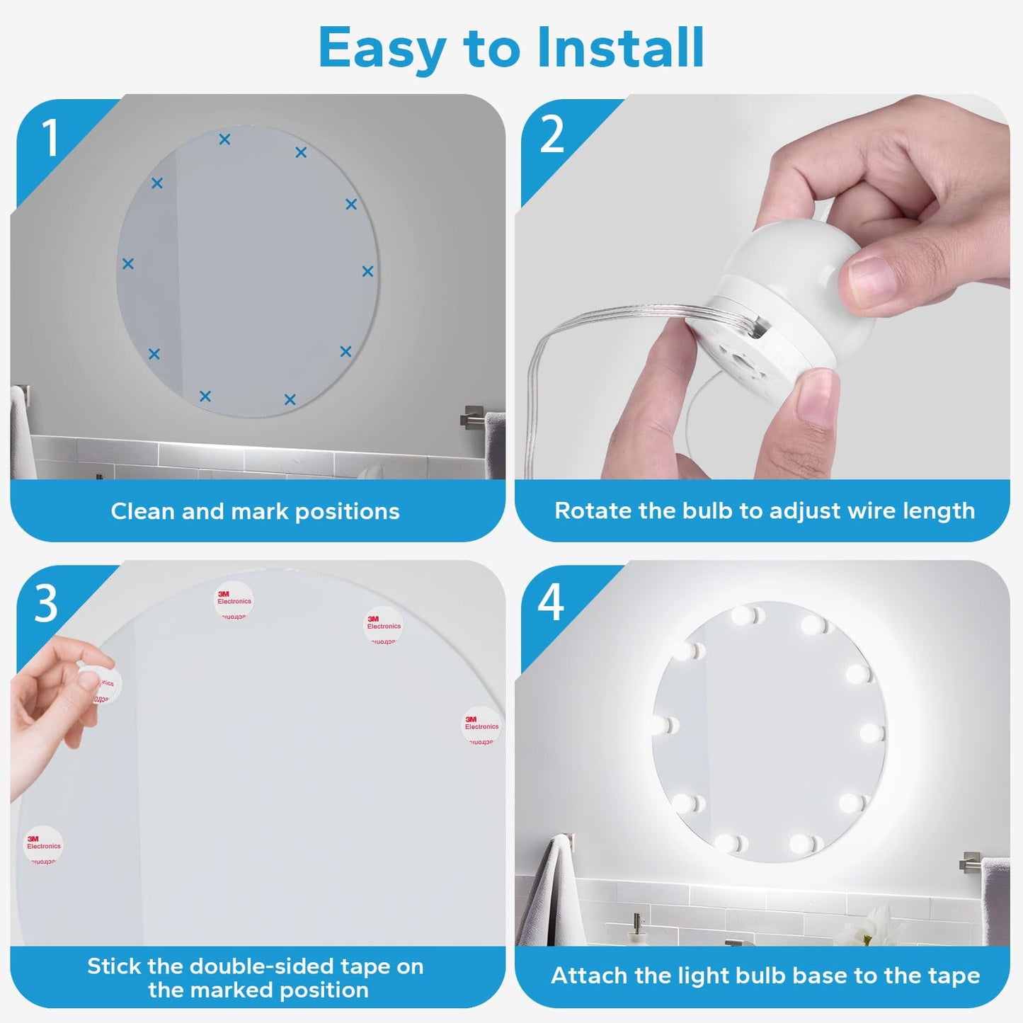 TETOU 10 LED Vanity Lights for Mirror 10 Level Brightness Adjustable USB Cable Makeup Dressing Room Bathroom Dimmable Light Bulbs