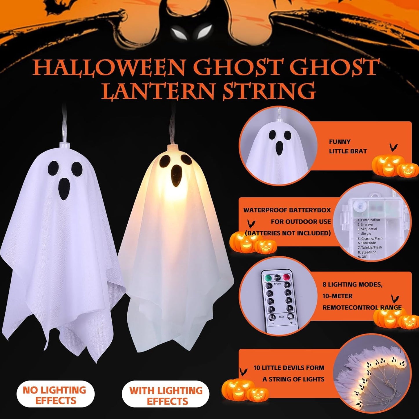 TETOU 7.55FT Halloween Decorations,8 Modes Light Up Ghost Garland,Handmade LED Ghost String Lights Banner for Halloween Home Party Fireplace Mantle Porch Windows Indoor Outdoor Decor