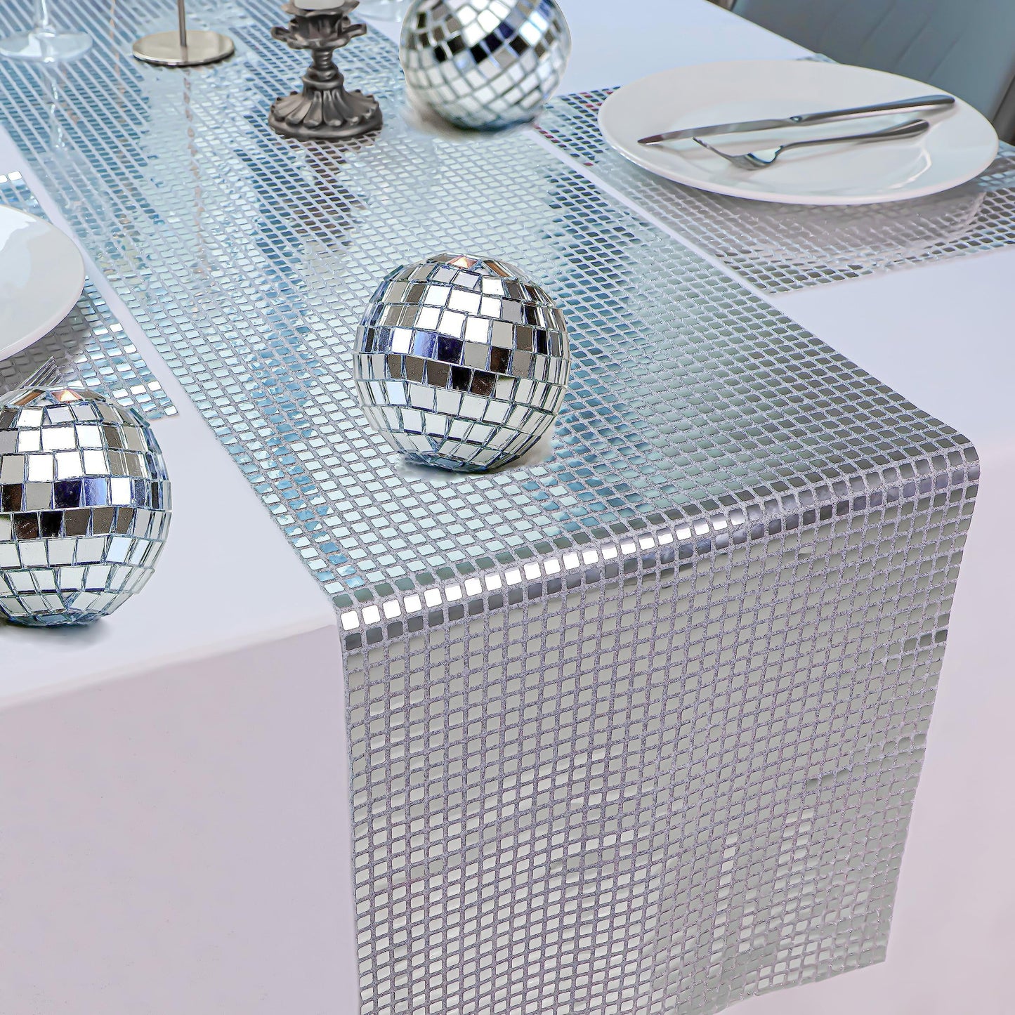 TETOU 13*108" Glitter Disco Party Table Runner, Mirror Table Runner Retro 70s 80s Theme Disco Ball Party Supplies for Birthday Bachelorette Dance Party Decorations - Silver