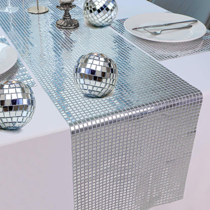 TETOU 13*108" Glitter Disco Party Table Runner, Mirror Table Runner Retro 70s 80s Theme Disco Ball Party Supplies for Birthday Bachelorette Dance Party Decorations - Silver