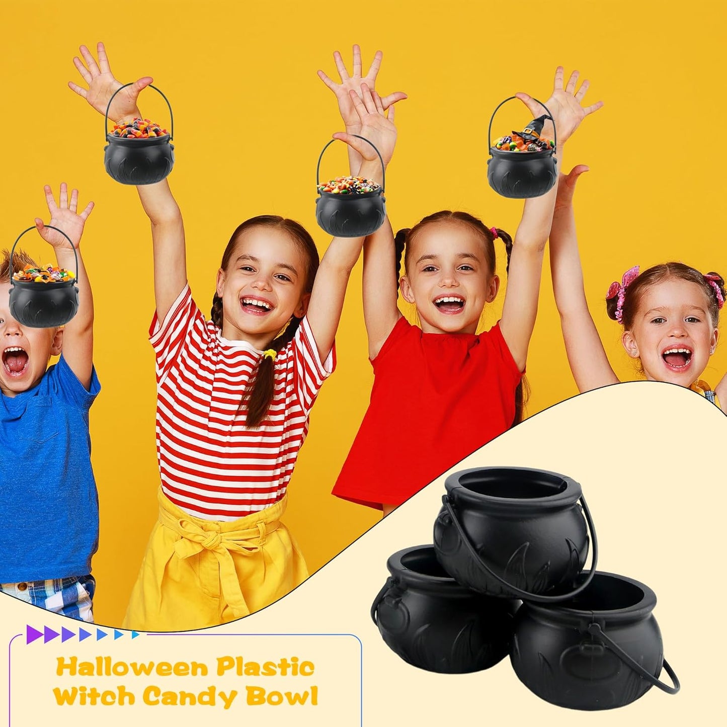 TETOU 6Pcs Halloween Witches Cauldron Serving Bowls Decor, Hallowe'en Candy Bowl with Cauldron on Rack for Hallowe'en Party Decoration
