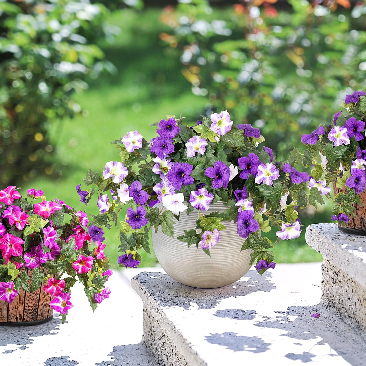TETOU 2Pcs Artificial Fake Flowers , Faux Petunias Silk Flower UV Resistant No Fade for Spring Home Garden Balcony Yard Porch  Indoor Outdoor Decoration(Purple White)