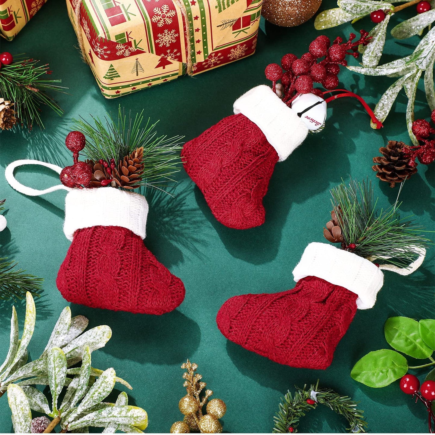 TETOU 6pcs Christmas Mini Stockings Knitted Xmas Classic Small Stocking Fireplace Holiday Hanging Decor