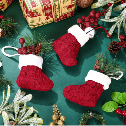 TETOU 6pcs Christmas Mini Stockings Knitted Xmas Classic Small Stocking Fireplace Holiday Hanging Decor