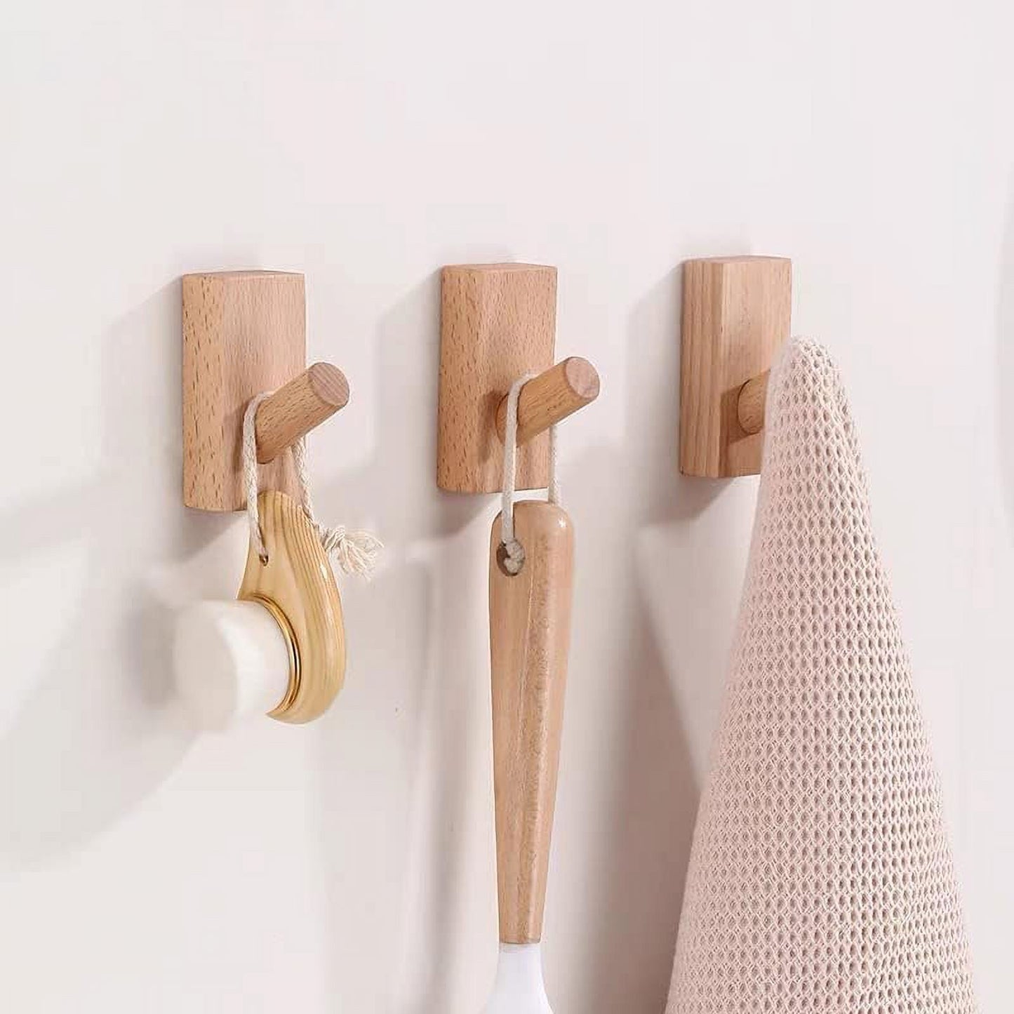 TETOU 4 Pack Adhesive Wall Hooks Hat Rack, Wooden Coat Hooks Wall Mounted, Decorative Hooks Single Organizer Hat Hanger Towel Rack(Rectangle-Beech)