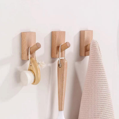 TETOU 4 Pack Adhesive Wall Hooks Hat Rack, Wooden Coat Hooks Wall Mounted, Decorative Hooks Single Organizer Hat Hanger Towel Rack(Rectangle-Beech)