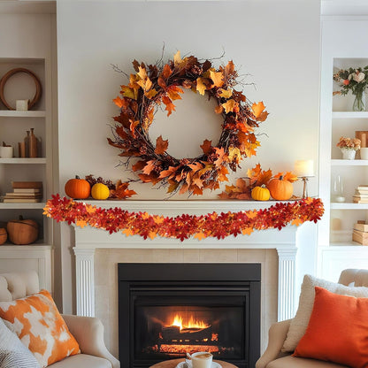 TETOU Fall Maple Leaves Garland Decor,50Ft Orange Glitter Tinsel Fall Garland for Autumn Tree Home Fireplace Halloween Thanksgiving Party Indoor Outdoor Decoration