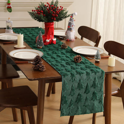 TETOU Christmas Tree Jacquard Table Runner 13x72 Inch Soft Plush Faux Fur Table Decoration for Christmas Home Party - Green