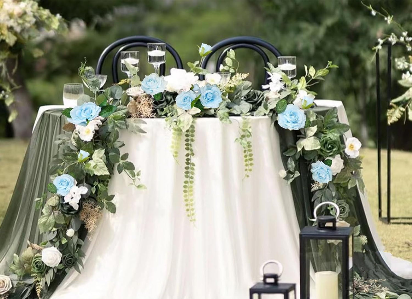 TETOU 4pcs Flower Garland, Faux Artificial Floral Garland Fake Rose Hanging Vine for Wedding Arch Garden Ceremony Background Outdoor Wall Decoration - Blue