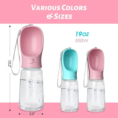 TETOU 10.2*2.7" Dog Water Bottle, 19oz Leak Proof Portable Puppy Water Dispenser with Drinking Feeder for Pets Outdoor Walking Hiking Travel Food Grade Plastic - Pink