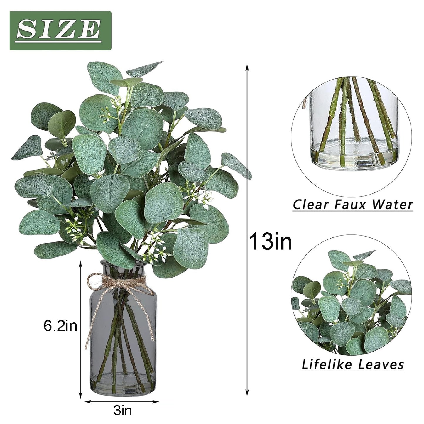 TETOU Artificial Eucalyptus Stems in Glass Vase with Faux Water, 13" Fake Plant Eucalyptus Leaves for Home Office Farmhouse Wedding Centerpiece Decor