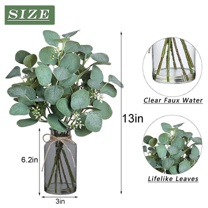 TETOU Artificial Eucalyptus Stems in Glass Vase with Faux Water, 13" Fake Plant Eucalyptus Leaves for Home Office Farmhouse Wedding Centerpiece Decor