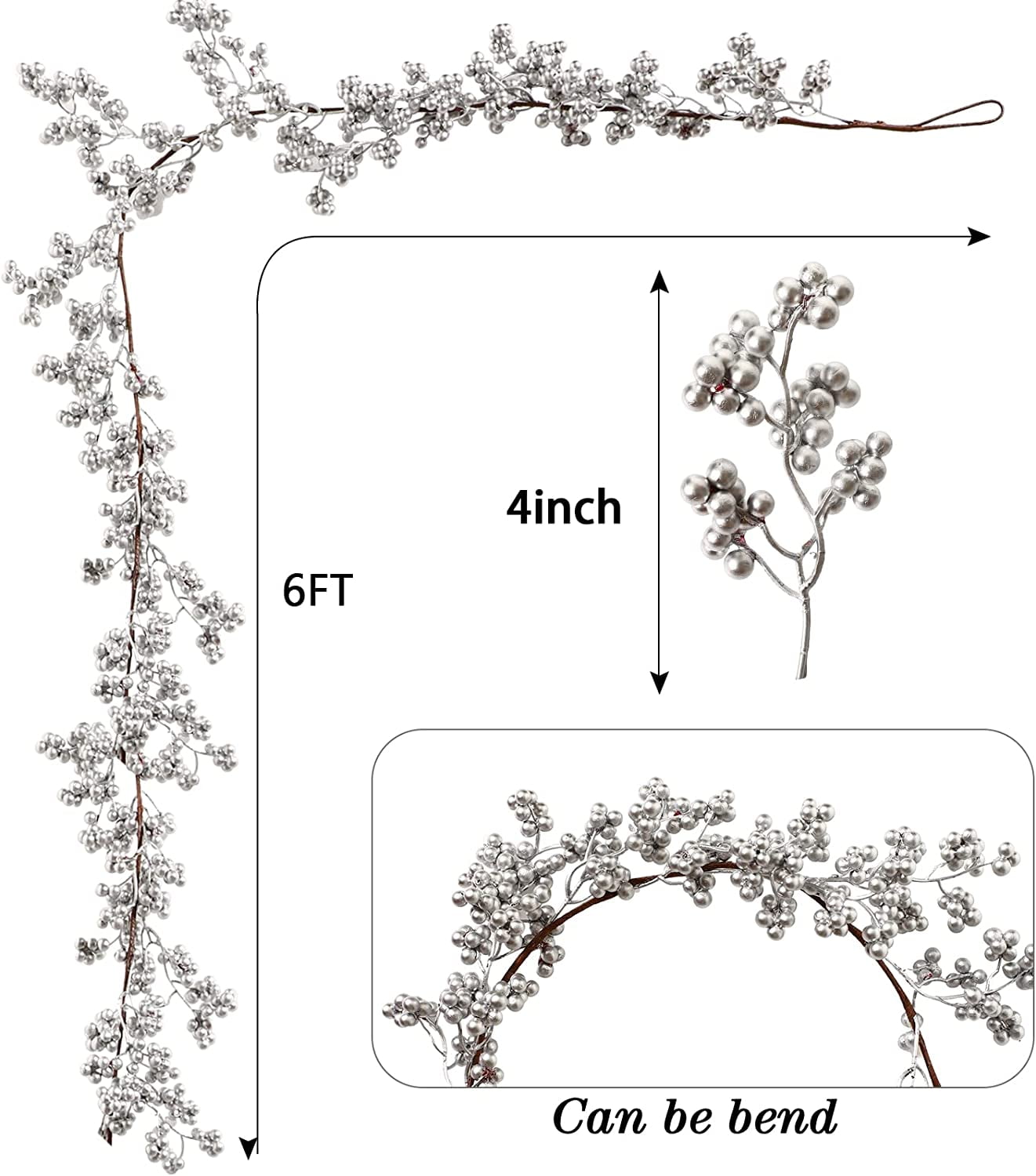 TETOU 5.9ft Silver Berry Christmas Garland with Light Artificial Garland for Indoor Mantle Staircase Home Xmas Decoration