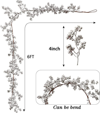 TETOU 5.9ft Silver Berry Christmas Garland with Light Artificial Garland for Indoor Mantle Staircase Home Xmas Decoration