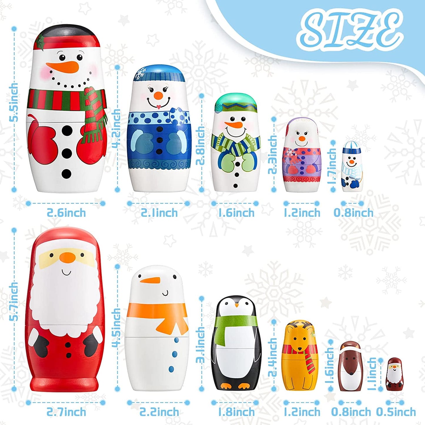 TETOU 5 Layer Christmas Nesting Dolls Wooden Snowman Matryoshka Doll Toy for Birthday Party Gift Christmas Decoration