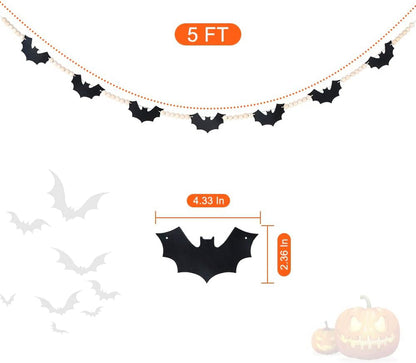 TETOU 4.9Ft Wood Halloween Felt Bats Bead Garland Banner for Farmhouse Halloween Fireplace Mantle Walls Decoration