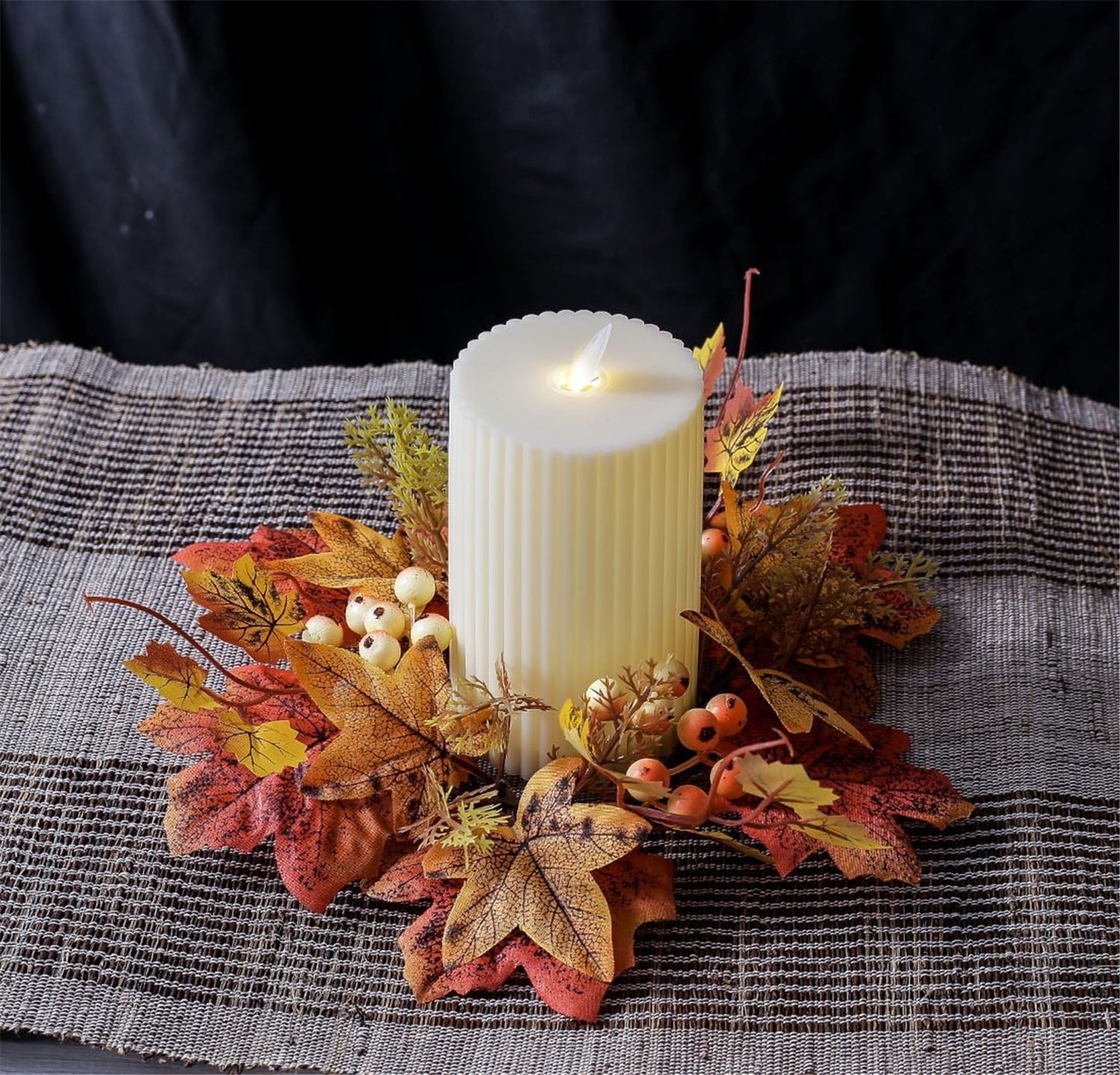 TETOU 2Pcs Artificial Maple Leaves Candle Rings Berry Wreaths for Pillar Candle Holder, Thanksgiving Candle Rings Wreath for Autumn Thanksgiving Wedding Home Door Tabletop Decoration - Orange