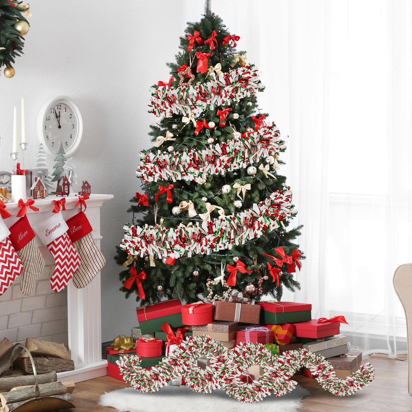 TETOU 32.8Ft Christmas Tinsel Garland Metallic Twist Red Green White Hanging Garland Wedding Birthday Decor